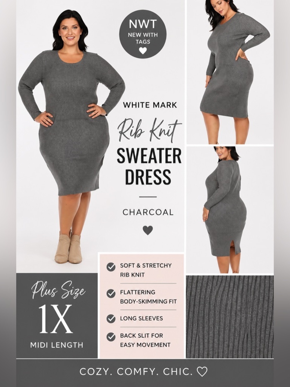 NWT White Mark Plus Size Charcoal Rib Knit Midi Sweater Dress 1X